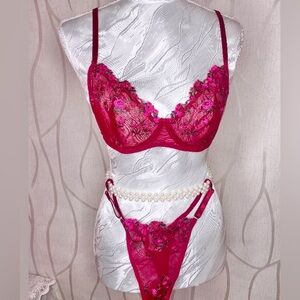🎀🌷 Elegant Burgundy & Pink Floral Lace 2 Pc Lingerie Set Bra & Thong 🌷🎀
